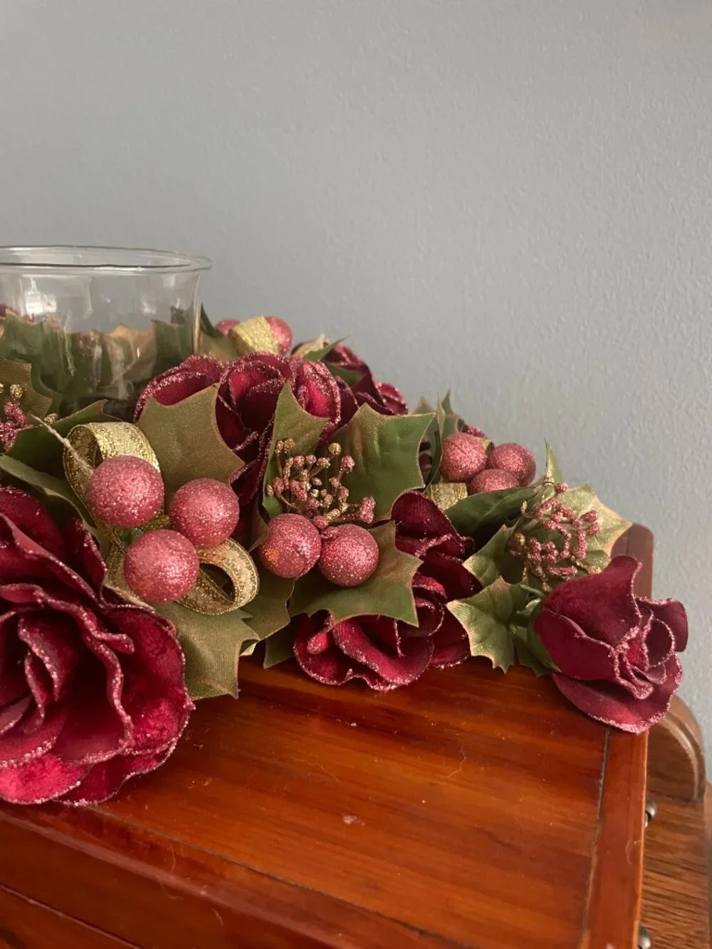 Centerpiece Candle Holder Ring Floral Roses Cranberries Holly Glitter Christmas